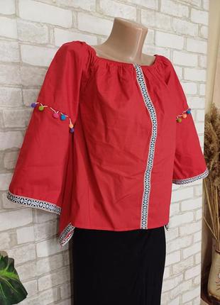 Новая нарядная хлопковая блуза с вышивкой, бубончиками в красном цвете, размер л-хл3 фото