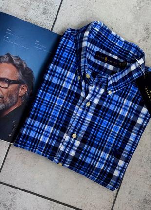 Мужская элегантная легкая хлопковая премиальная  рубашка polo ralph lauren оригинал в синем цвете в клетку размер xxl