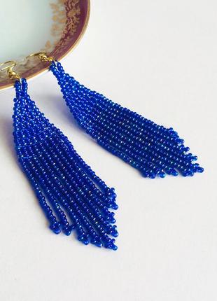 Синие бисерные серьги, серьги из бисера, длинные синие серьги, синие серьги кисточки2 фото