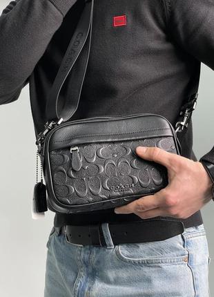 Мужская сумка coach academy crossbody signature leather black черная борсетка