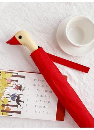 Зонт с деревянной ручкой голова утки (красный)2 фото