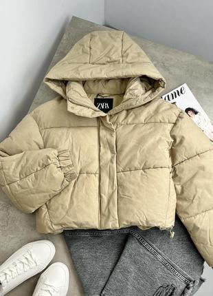 Светло оливковая водоотталкивающая куртка дутик с капюшоном