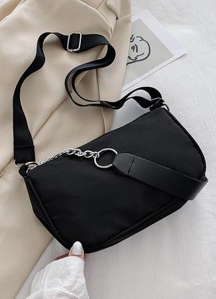 Женская сумочка клатч багет через плечо черная на длинном и коротком ремешке