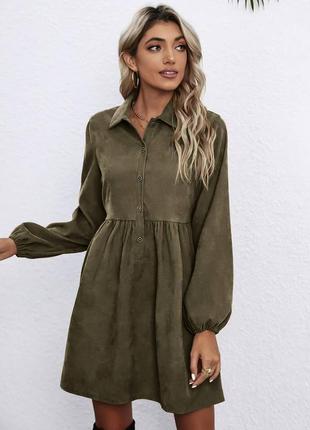 Вельветовое платье оверсайз мини хаки черная беж на пуговицах