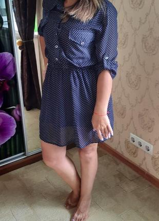 Платье-рубашка женская летняя в горох шифон1 фото