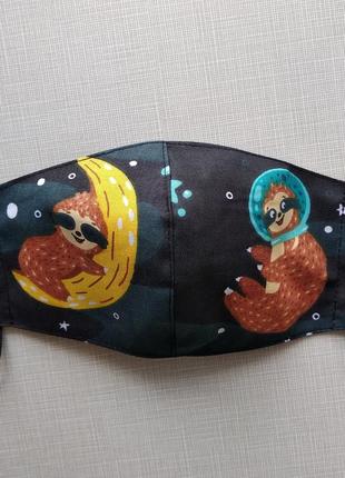 Дитяча маска з лінивцями в космосі, чорна дитяча маска багаторазового використання
