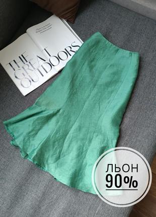Мятно зеленая миди юбка с пышным подолом воланами лен1 фото