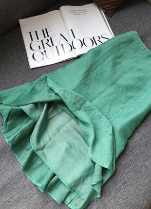 Мятно зеленая миди юбка с пышным подолом воланами лен4 фото