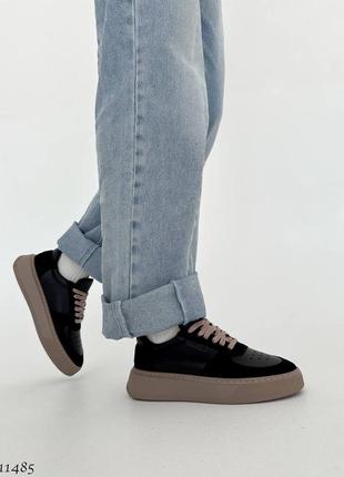 Черные натуральные кожаные замшевые кроссовки кеды с перфорацией на бежевой толстой подошве кожа замш6 фото