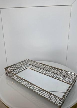 Прямокутний дзеркальний піднос,таця сріблястого кольору 34,8*18,8*5 см