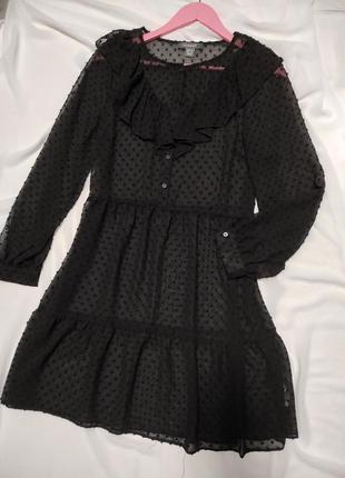 Нежное черное платье с рюшами до длинного рукава пышные низ воланом2 фото