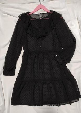 Нежное черное платье с рюшами до длинного рукава пышные низ воланом6 фото