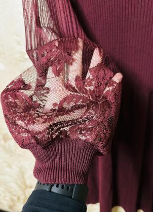 Плаття сукня бордова винного кольору марсала з ажурними рукавами3 фото