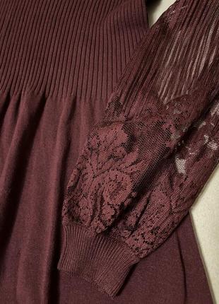 Плаття сукня бордова винного кольору марсала з ажурними рукавами2 фото