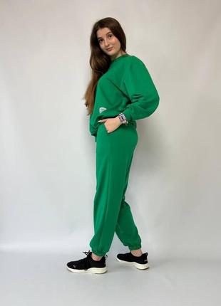 Костюм спортивный женский оверсайз свитшот брюки джоггеры на высокой посадке качественный, стильный теплый зеленый черный4 фото