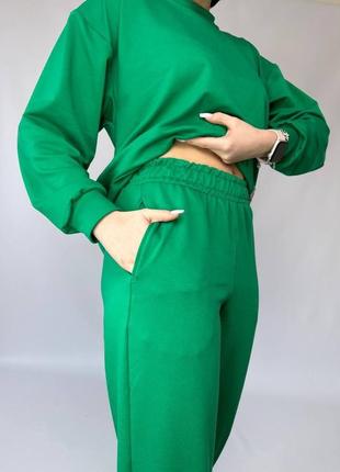 Костюм спортивный женский оверсайз свитшот брюки джоггеры на высокой посадке качественный, стильный теплый зеленый черный3 фото