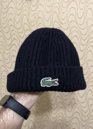 Шапка біні лакосту вовняна оригінал чорна класична унісекс unisex black hat cap lacoste beanie classic original ralph lauren