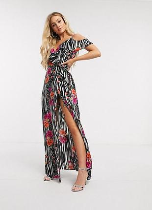 Роскошное макси платье в цветы и зебру от магазина asos, на запах, крутой принт! код 0003