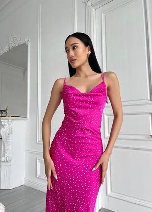 Платье комбинация в горошек розовая длинная на брителях шелк армани5 фото