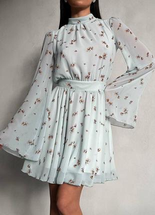Платье рукава клеш шифон в цветы голубое