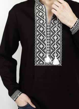Вышиванка мужская (рубашка) черная с белой вышивкой2 фото