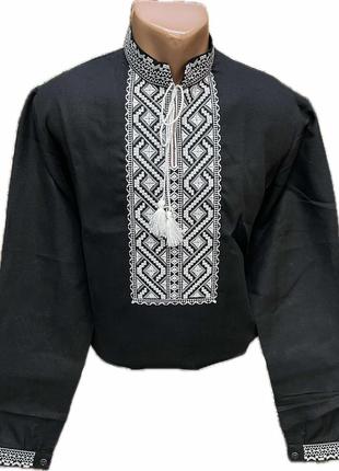 Вышиванка мужская (рубашка) черная с белой вышивкой5 фото