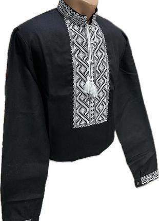Вышиванка мужская (рубашка) черная с белой вышивкой6 фото