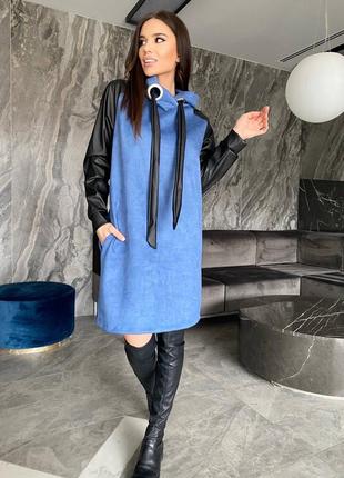 Платье женское короткое с капюшоном 42-62 замш+эко-кожа черное, хаки и джинс (синее)9 фото