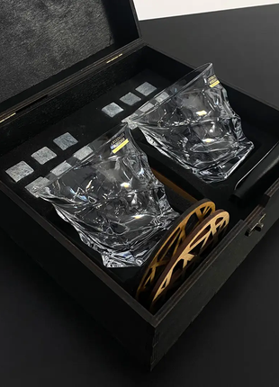Подарочный деревянный набор камни для виски с бокалами bohemia сassablanca по 300 мл черный 25х24х111 фото