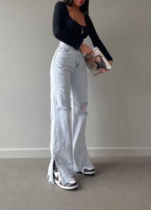 Самая тонкая модель джинс wide leg с разрезами5 фото