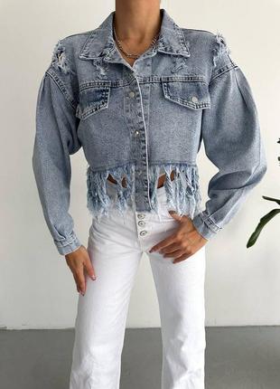 Жіноча трендова джинсова куртка рванка, курточка, джинсівка укорочена джинс денім3 фото