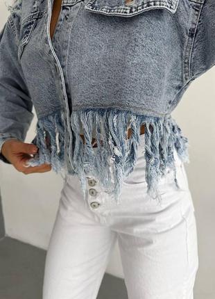 Жіноча трендова джинсова куртка рванка, курточка, джинсівка укорочена джинс денім5 фото