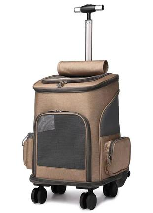 Рюкзак переноска на колесах для кішок котів маленьких собак коричневий