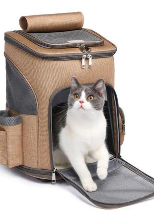 Рюкзак переноска на колёсах для кошек котов маленьких собак коричневый6 фото