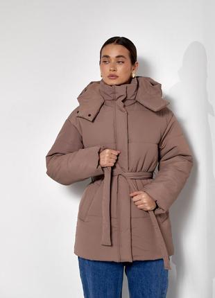 Красивая демисезонная стеганная куртка свободная, с поясом по талии мокко, бежевая s, m, l2 фото