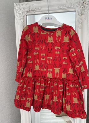 Сукня на довгий рукав з воланами червона новорічна сукня з оленями трикотажна сукня з з оленями 2-3р1 фото
