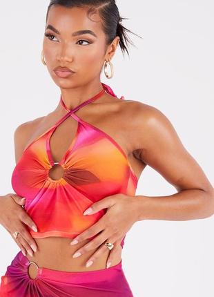 Новый топ с кольцом plt pink abstract print ring detail halterneck crop top - 16 uk