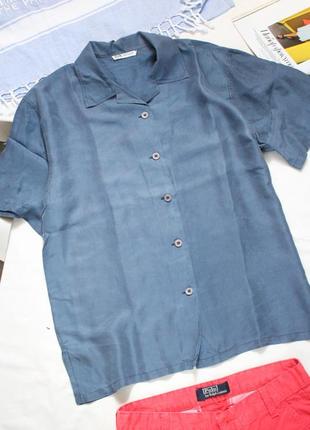 Синя шовкова блузка сорочка хл розмір2 фото