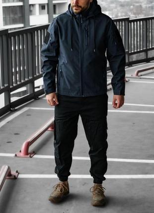 Мужская куртка soft shell с капюшоном темно-синяя до -0*с ветровка на флисе весенняя осенняя (b)2 фото