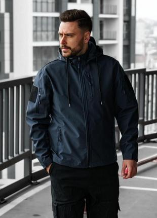 Мужская куртка soft shell с капюшоном темно-синяя до -0*с ветровка на флисе весенняя осенняя (b)4 фото