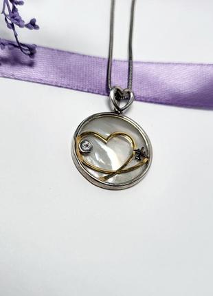 Серебряная подвеска кулон круглый с перламутром сердце серебро 925 пробы родированное 413б 2.84г3 фото