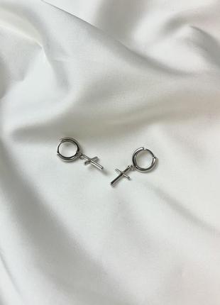 Серьги-кольца крестики серебряные, сережки кресты унисекс без камней, серебро 925 пробы2 фото