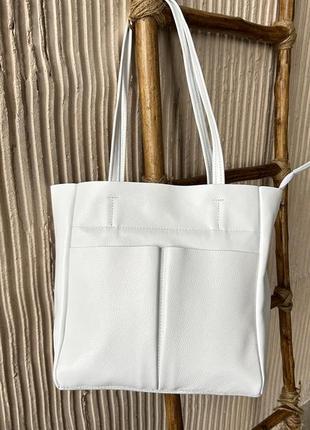 Женская кожаная сумка шопер белая сумка из натуральной кожи с карманами (b)