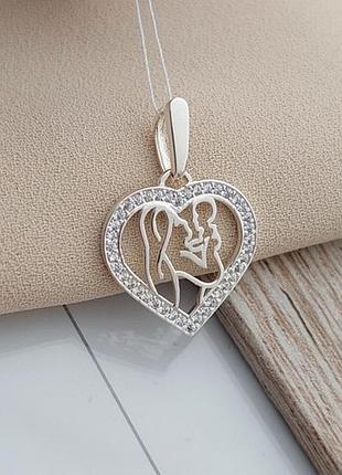 Підвіска срібна сердечко з мати і дитя з фіанітами для ланцюжка або шнура