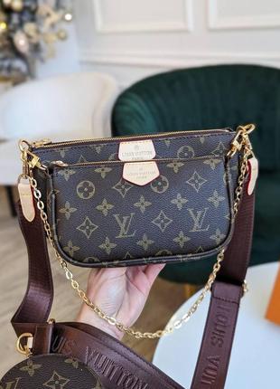 Брендовая женская сумочка луи витон сумка для девушки 3в1 louis vuitton коричневая сумка с монетницей2 фото