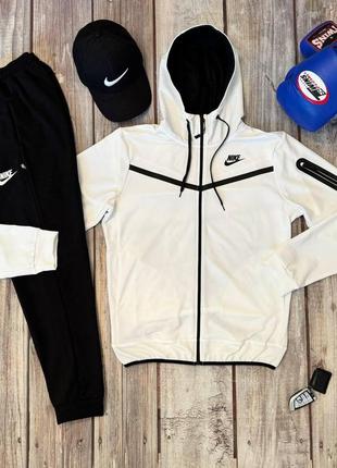 Мужской спортивный костюм nike tech на змейке белый с черным найк теч весенний осенний (b)