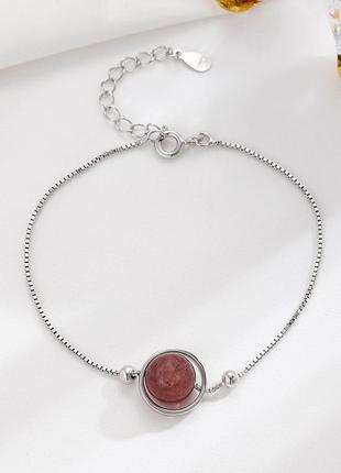 Браслет серебряный шар из клубничного кварца натурального, нежный браслет, серебро 925 пробы, длина 15.5+3см4 фото