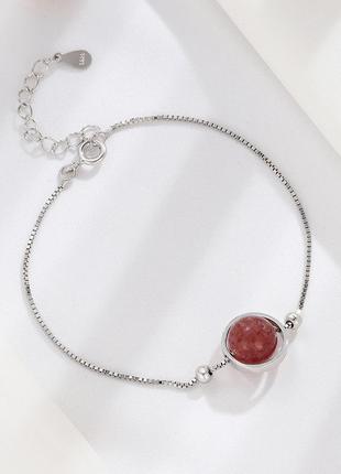 Браслет серебряный шар из клубничного кварца натурального, нежный браслет, серебро 925 пробы, длина 15.5+3см8 фото