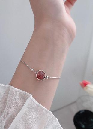Браслет серебряный шар из клубничного кварца натурального, нежный браслет, серебро 925 пробы, длина 15.5+3см