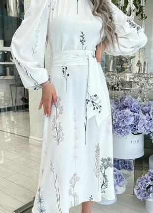 Нежное женственное платье миди белого цвета с длинным рукавом. модель 403695 фото
